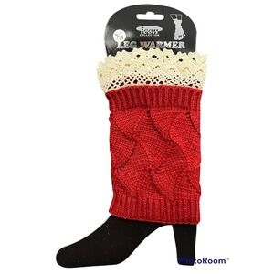 Women Leg Warmer Boot Topper S/M Maroon Cable Knit Crochet Lace Balletcore A